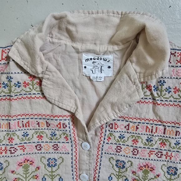 Cream and Red Floral Button Down Shirt with Short Sleeves - Picture 2 of 7